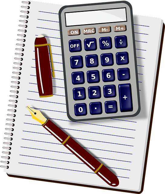 the image showing pen calculator and notebook