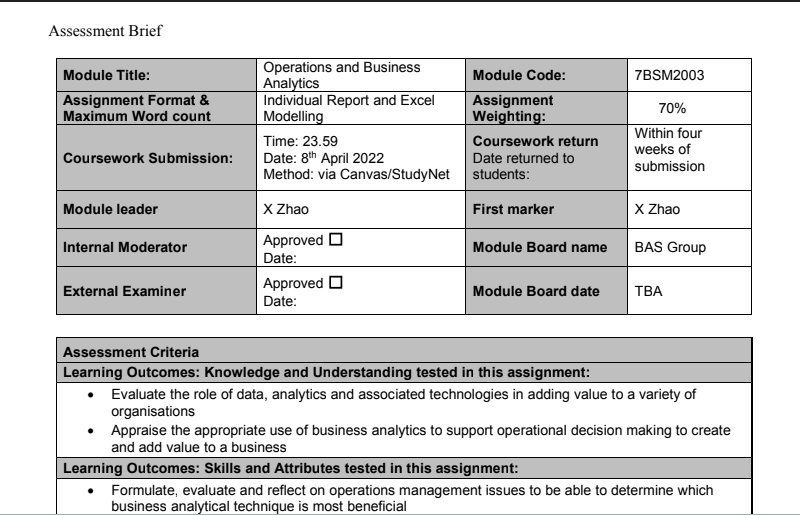 7BSM2003 Operations and Business Analytics Assignment Sample 1