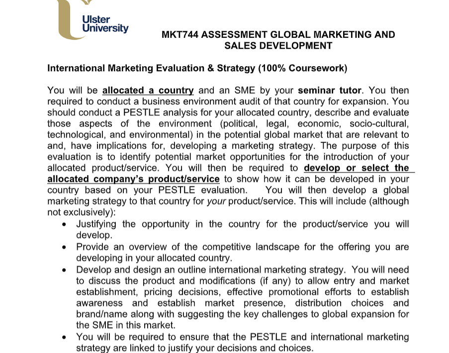 MKT744 Global Marketing and Sales Department Samples