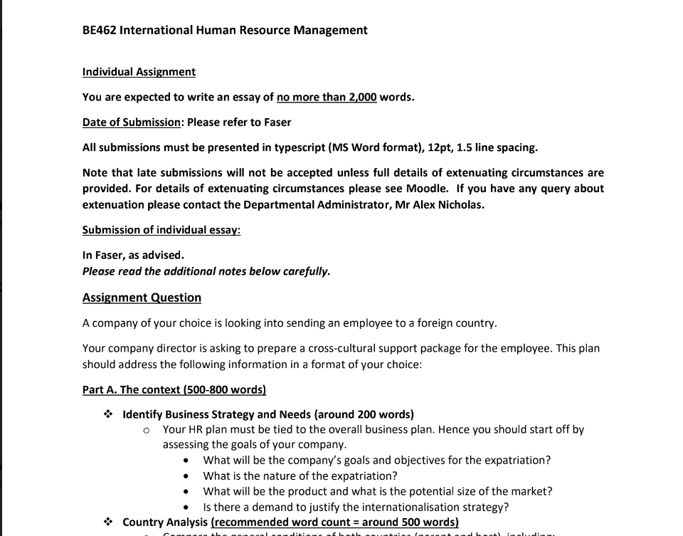 BE462 International Human Resource Management Sample
