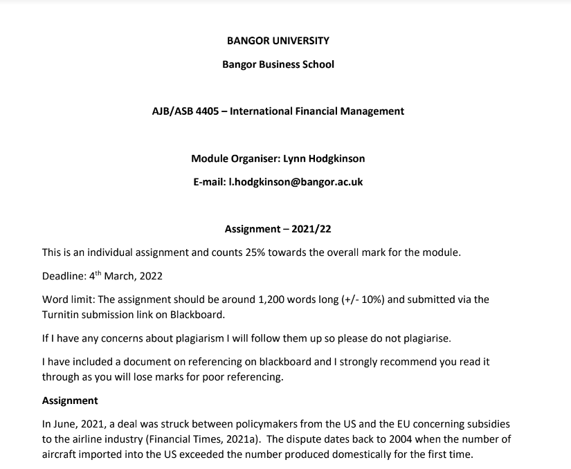 AJB/ASB 4405 – International Financial Management Assignment Sample 2024