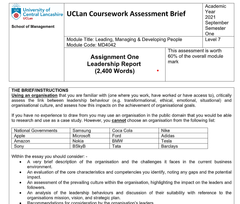 MD4042 Leading, Managing and Developing People Assignment Sample 2024